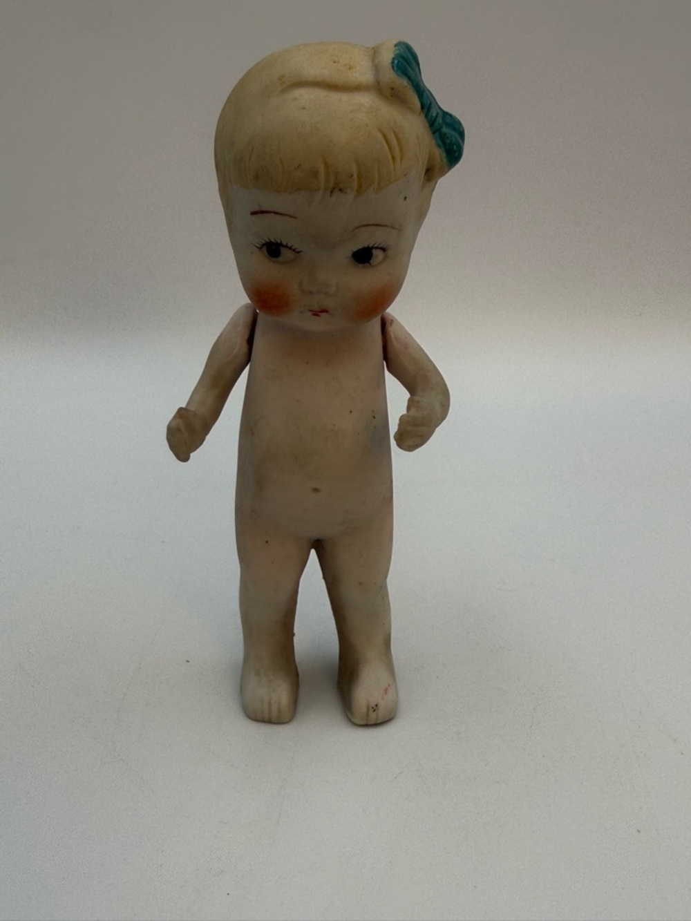 Antique Japan Bisque Kewpie Flapper Doll Strung Arms Blonde Hair Blue Bow
